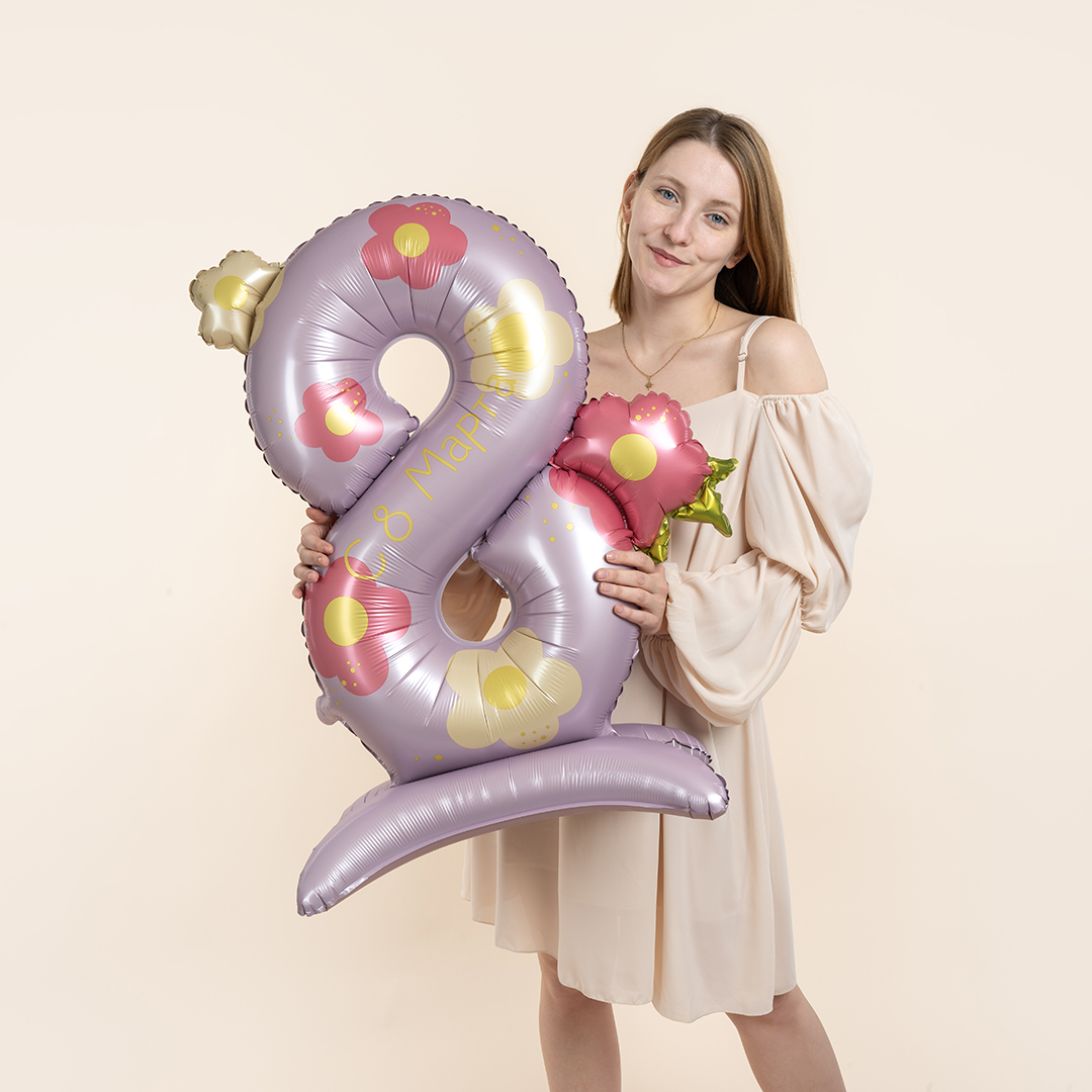 Шар (40''/102 см) Цифра на подставке, 8 Марта, Нежные цветы, 1 шт. в уп.