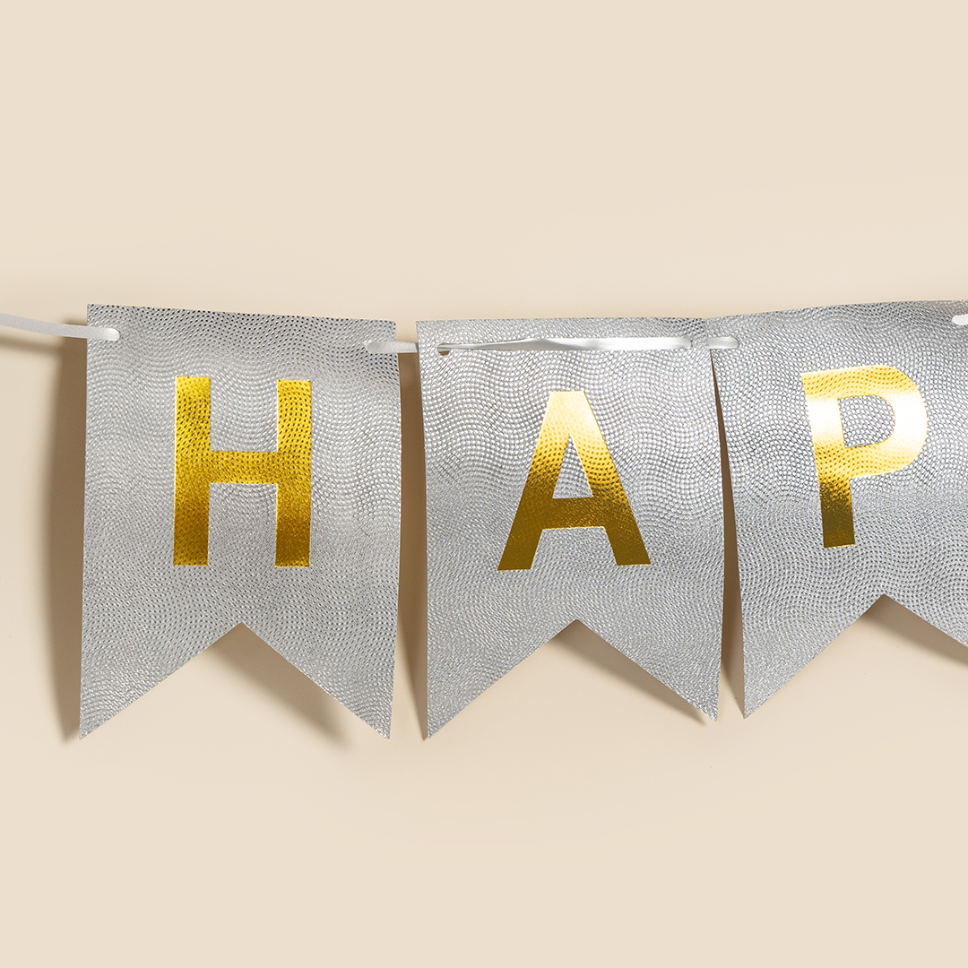 Гирлянда Флажки, Happy Birthday (фактура точки), Серебро/Золото, Металлик, 500 см, 16*12 см, 1 упак.