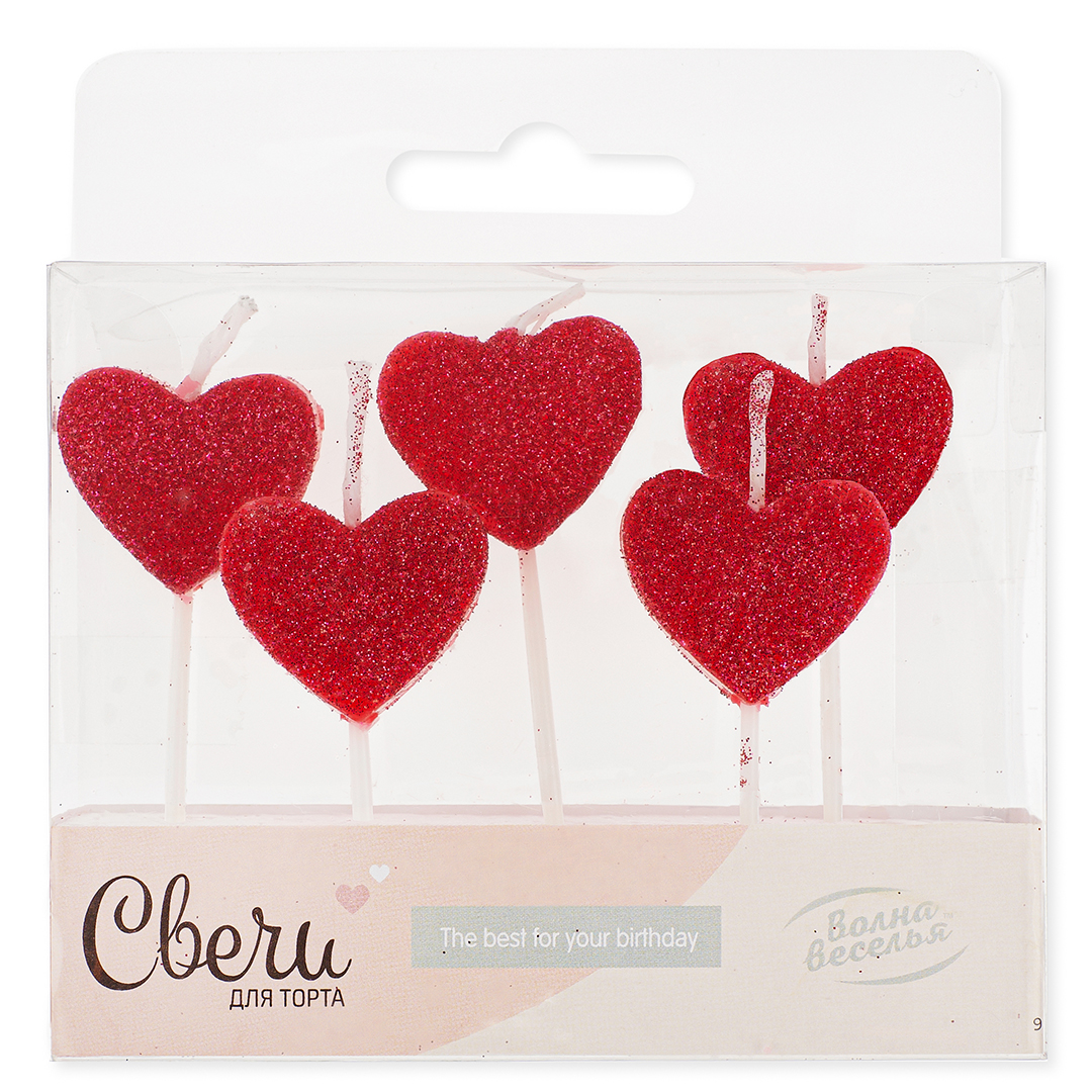 Свечи Сердце, Красный, с блестками, 6 см, 5 шт. с держат.