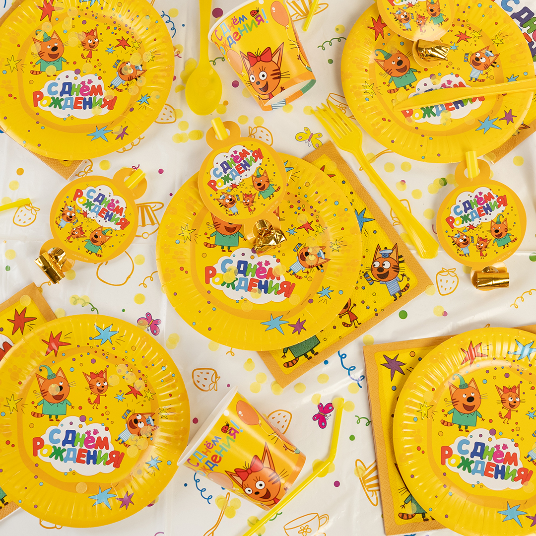 Карнавальные язычки гудки, Три Кота, С Днем Рождения!, Желтый, 11 см, 6 шт. в упак. 