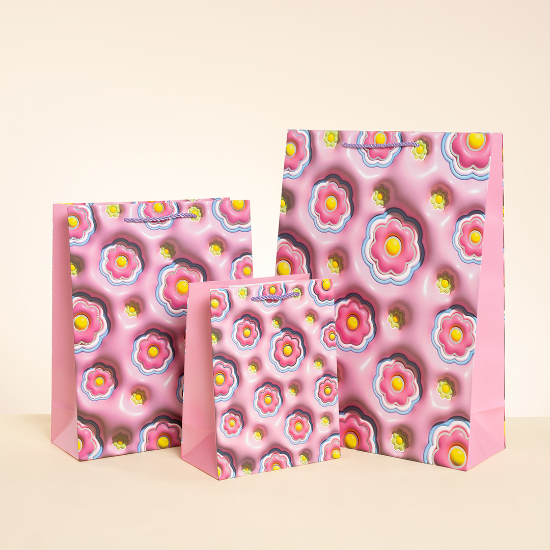 Пакет подарочный, 210гр, Цветочная россыпь, Дизайн №3, Розовый, Металлик, 23*18*10 см, 1 шт.