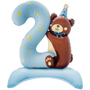 Шар (35''/89 см) Цифра на подставке, 2 Годика, Мишка в колпачке, Голубой, Сатин, 1 шт. в уп.