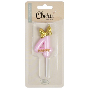 Свеча Цифра, 4 Золотой бант, на шпажке, Розовый, Металлик, 3,4*5,7 + 4 см, 1 шт. с держат.