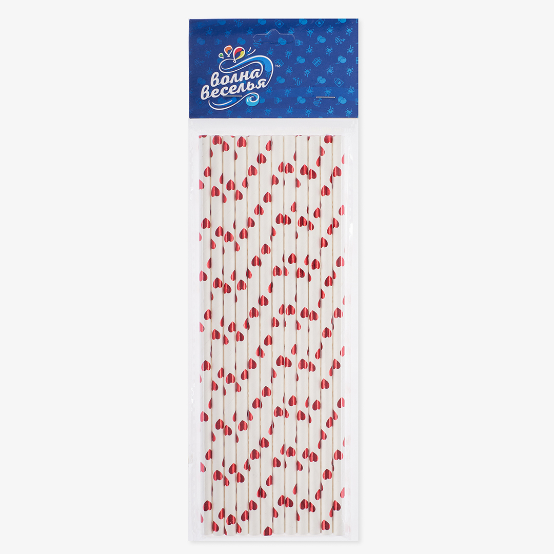 Трубочки для коктейлей, Сердечки, Белый/Красный, Металлик, 12 шт. в упак. 