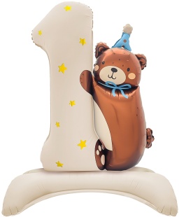 Шар (35''/89 см) Цифра на подставке, 1 Годик, Мишка в голубом колпачке, Бежевый, 1 шт. в уп.