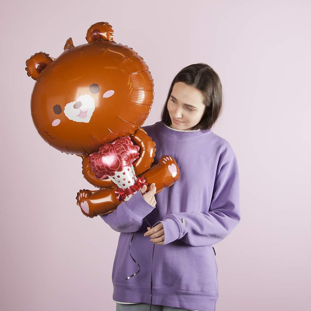 Шар (34''/86 см) Фигура, Мишка с букетом, 1 шт.