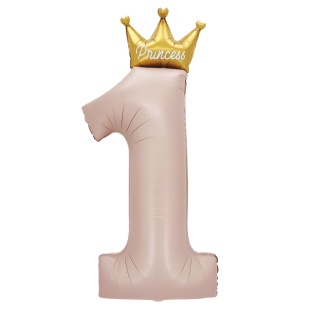 Шар (49''/124 см) Цифра, 1 Золотая корона, Розовый, 1 шт. в уп.