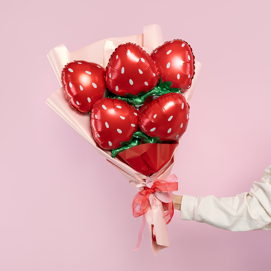 Шар с клапаном (12''/30 см) Мини-фигура, Клубника, Красный, 5 шт. в уп. (цв.этик.)