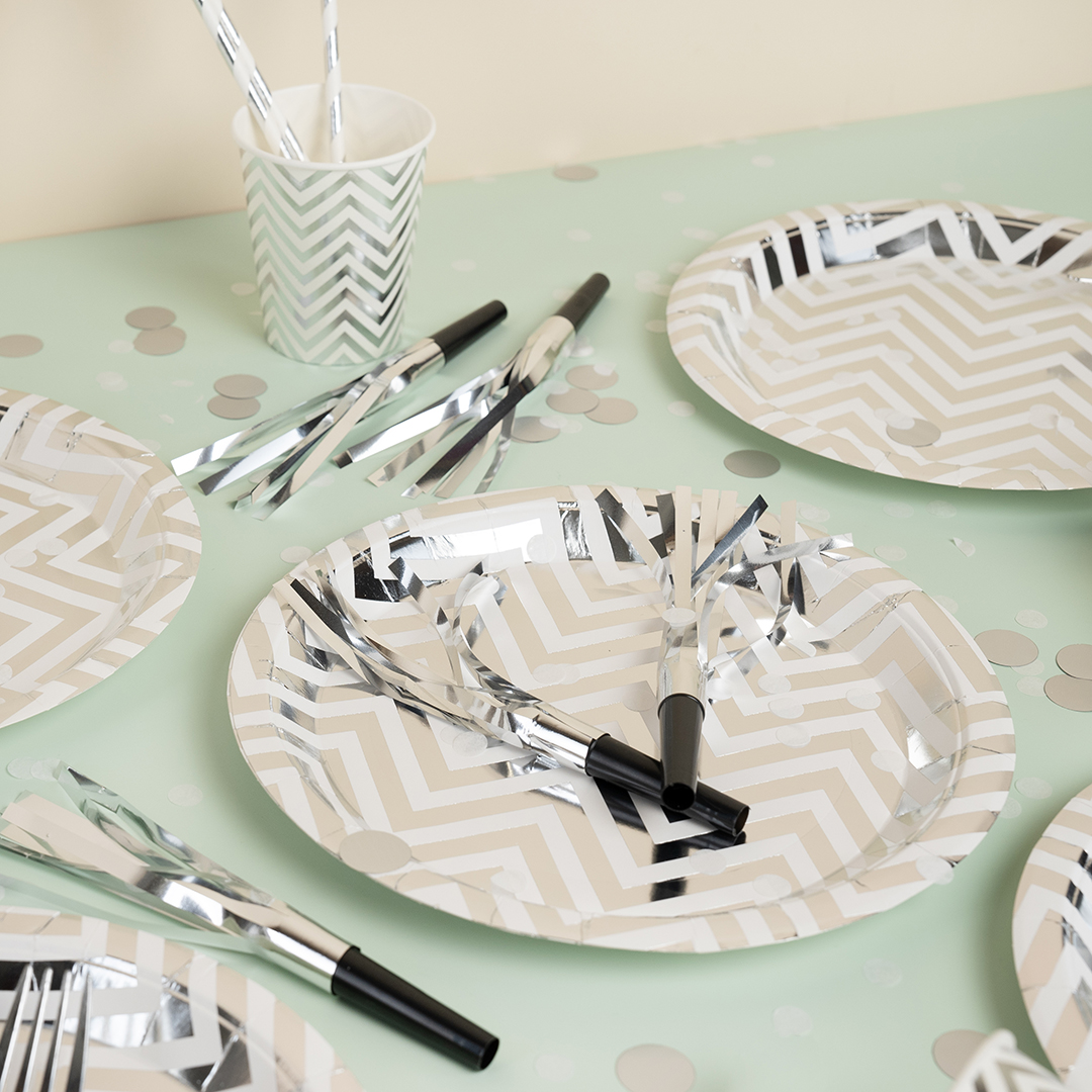Тарелки (9''/23 см) Зигзаги, Белый/Серебро, Металлик, 6 шт.
