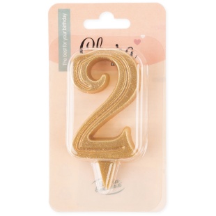 Свеча Цифра, 2 Грация, Золото, с блестками, 7 см, 1 шт.