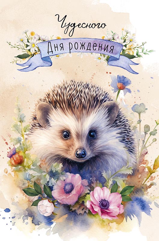 Открытка, Чудесного Дня Рождения (ежик), 12,1*18,3 см, 5 шт.