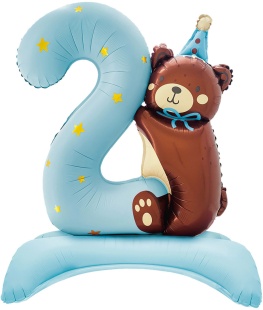 Шар (35''/89 см) Цифра на подставке, 2 Годика, Мишка в колпачке, Голубой, Сатин, 1 шт. в уп.
