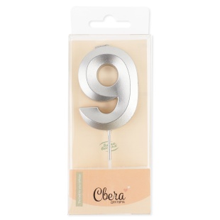 Свеча Цифра, 9 Грани, Серебро, Металлик, 4,2*6 + 4,5 см, 1 шт. с держат.