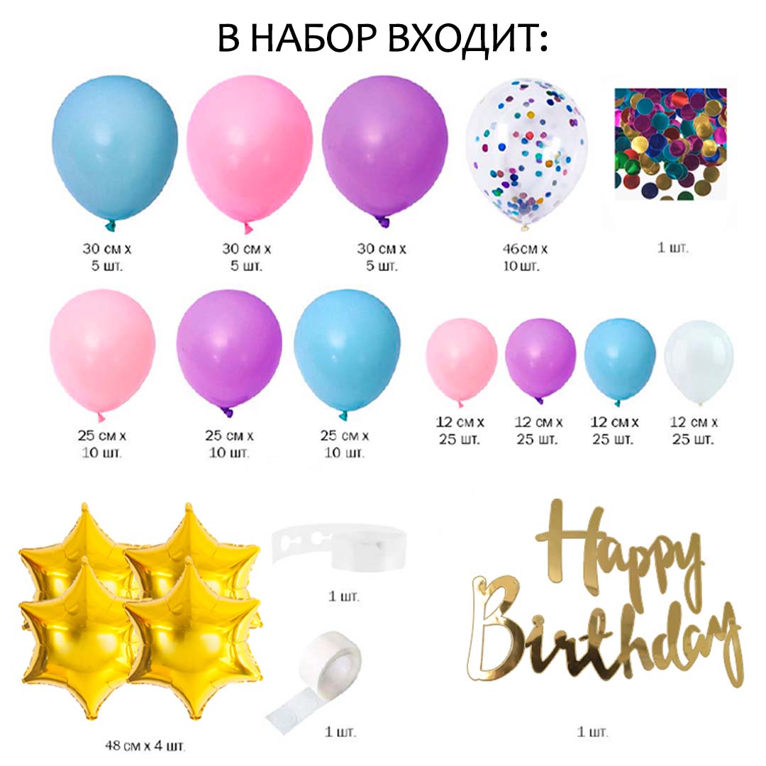 Гирлянда из воздушных шаров, Happy Birthday, Ассорти, 145 шт. в упак.