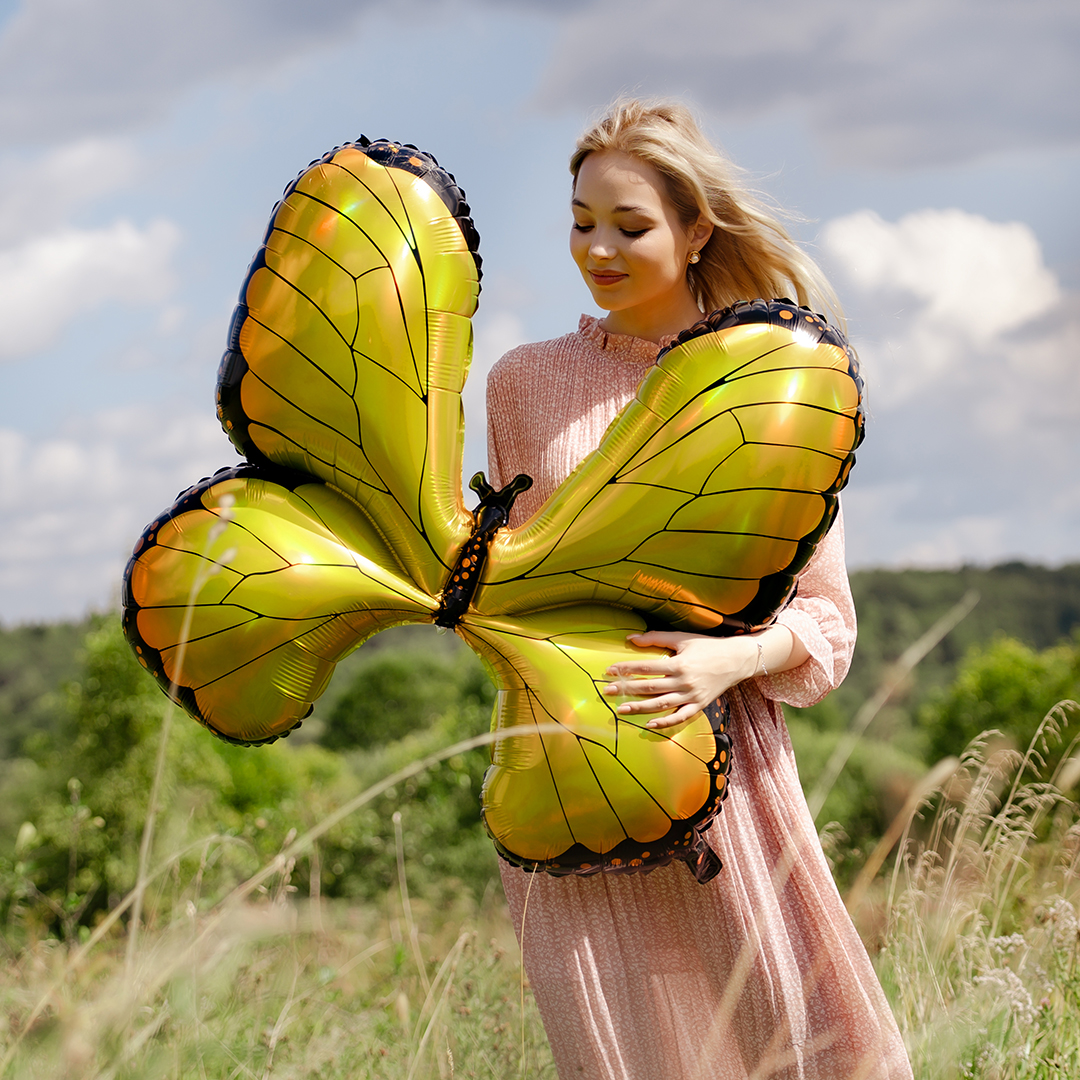 Шар (31''/79 см) Фигура, Бабочка, Золото, Голография, 1 шт.