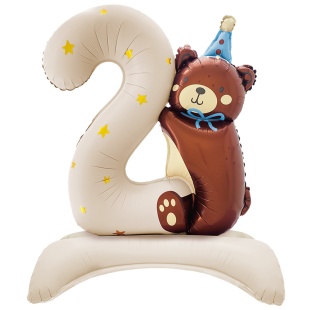 Шар (35''/89 см) Цифра на подставке, 2 Годика, Мишка в голубом колпачке, Бежевый, Сатин, 1 шт. в уп.