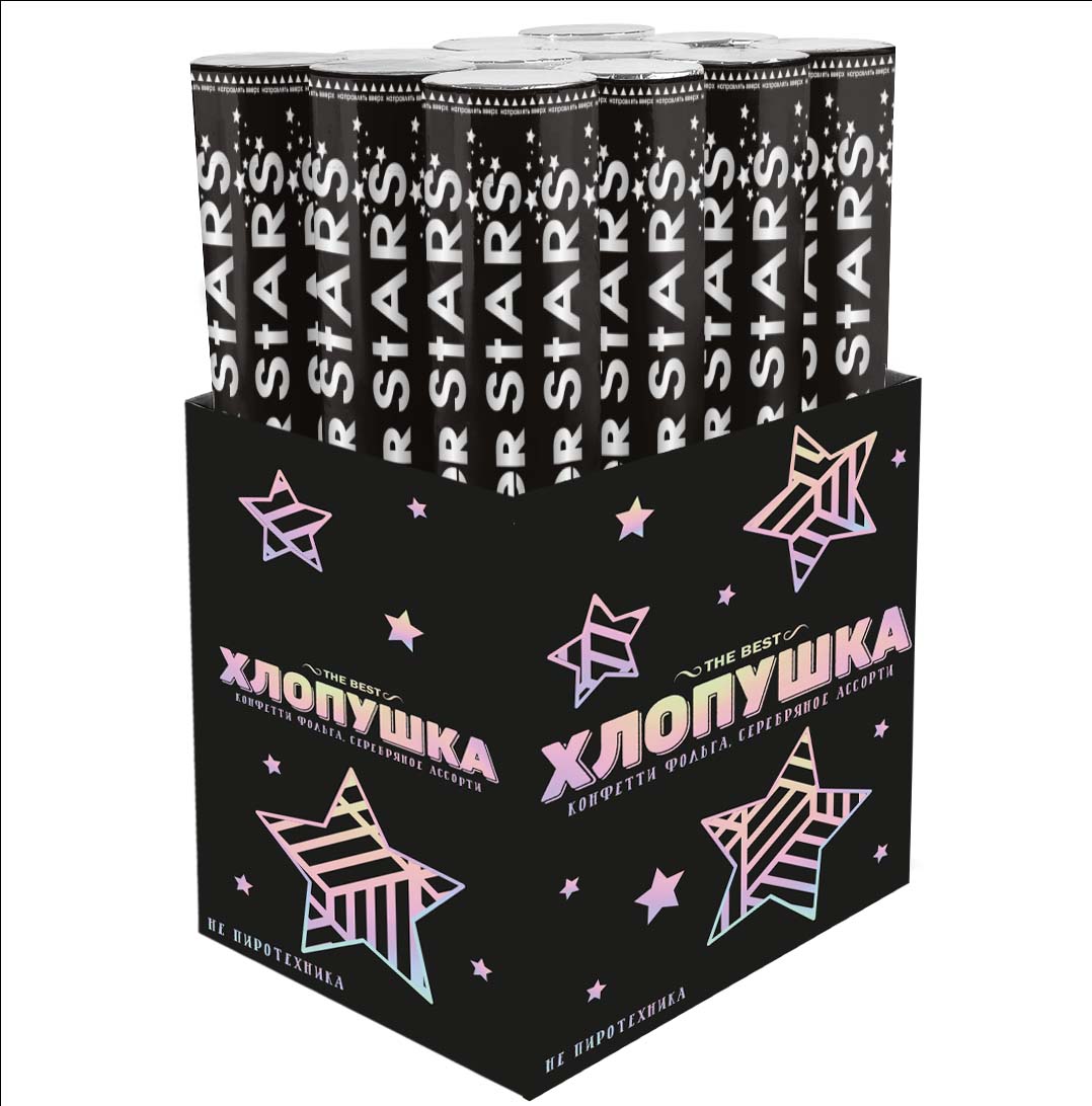 Пневмохлопушка (12/30 см), Звезды фольга, Серебро, Металлик, 1 шт.