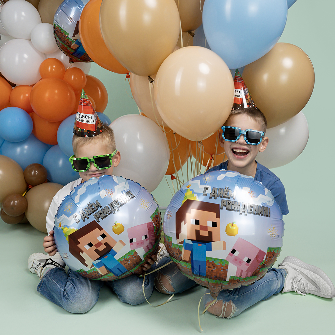 Шар (18''/46 см) Круг, Пиксели, С Днем Рождения!, 1 шт. в уп.