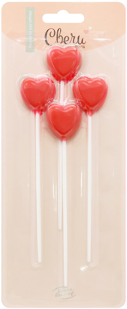 Свечи Сердце, на шпажке, Красный, 2,5*3 см, 4 шт. с держат.