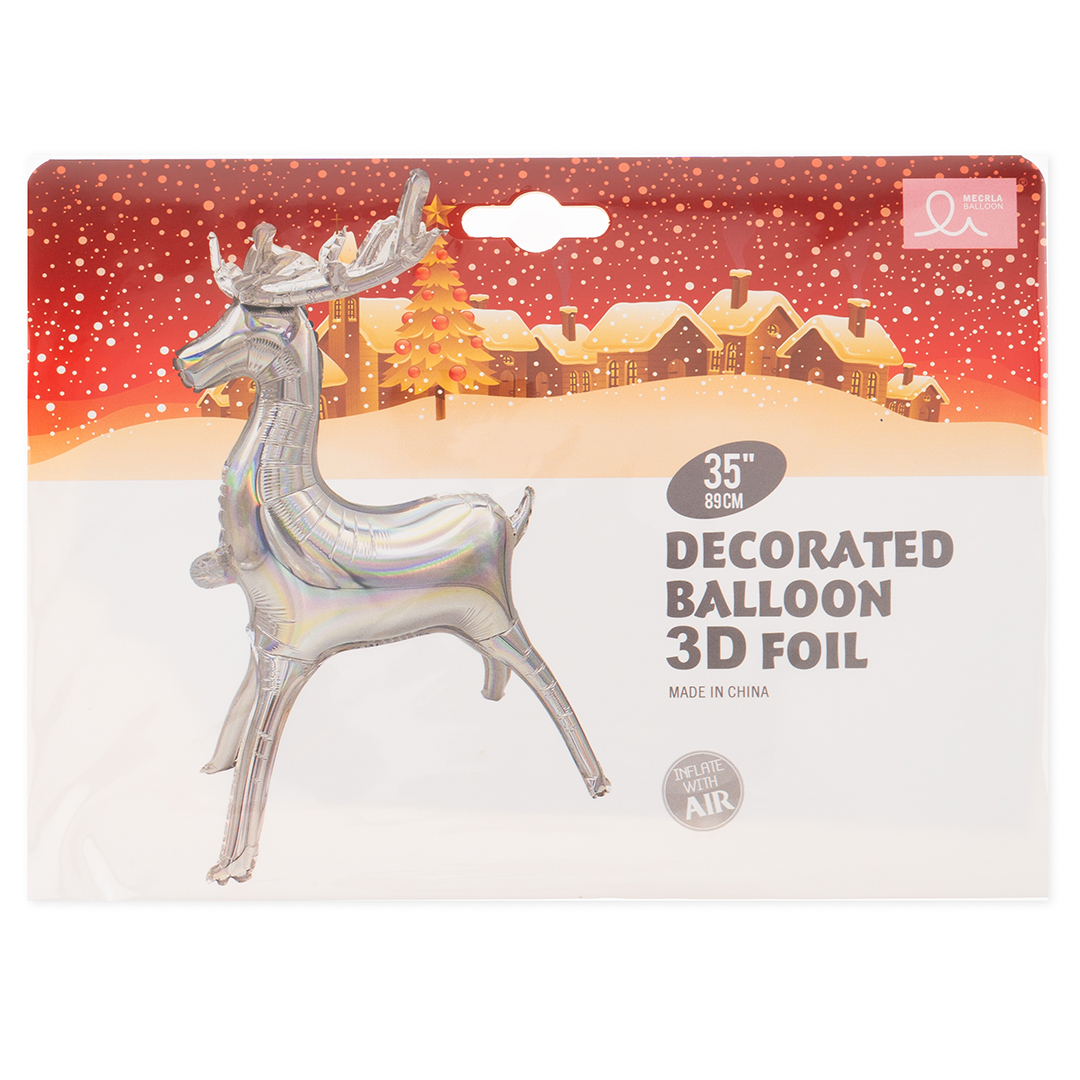 Шар 3D (35''/89 см) Фигура, Олень, Серебро, Голография, 1 шт. в уп.