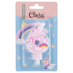 Свеча Цифра, 6 Волшебные единороги, Розовый, 9 см, 1 шт. с держат.