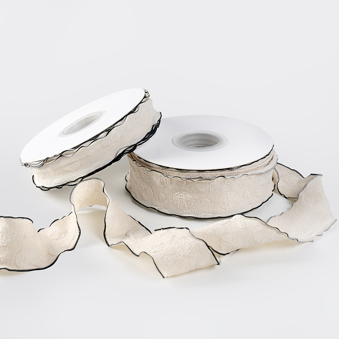 Лента тканевая (4 см*9,14 м) Элегантная волна, Кремовый/Черный, 1 шт.