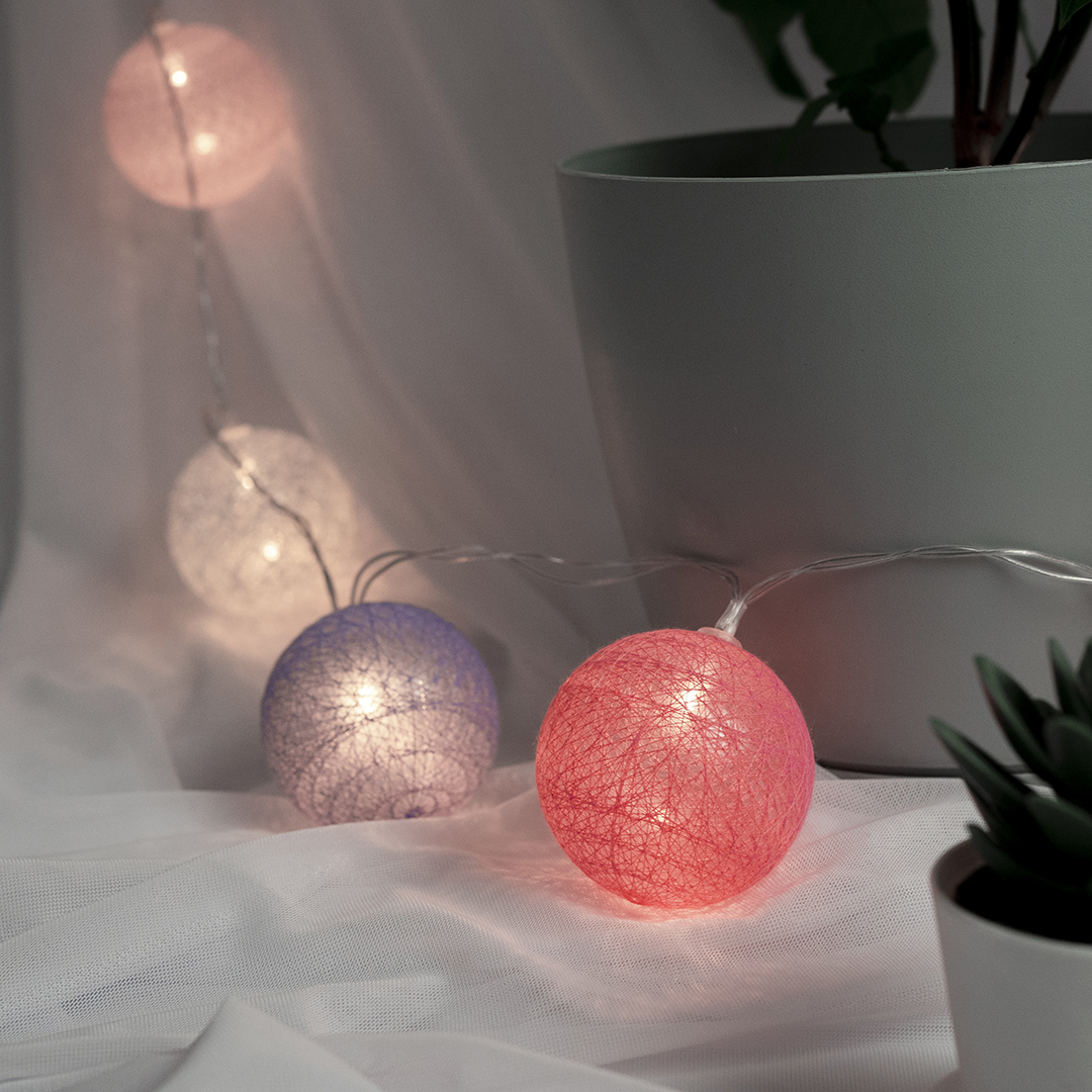 Светодиодная гирлянда Хлопковые клубочки, Милый микс, 20 Led, IP14, 3 м. Розовый/Сиреневый, 1 шт.