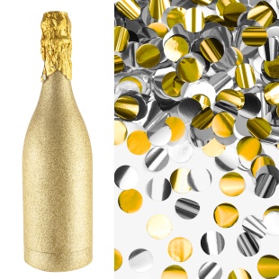 Пневмохлопушка (12/30 см), Бутылка Шампанское, Круги фольга, Золото/Серебро, 1 шт.