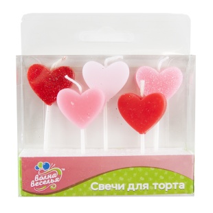 Свечи Сердце, Красный/Розовый, с блестками, 2,8*3 см, 5 шт. с держат.