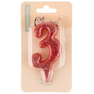 Свеча Цифра, 3 Овал, Красный, с блестками, 4*8 см, 1 шт.