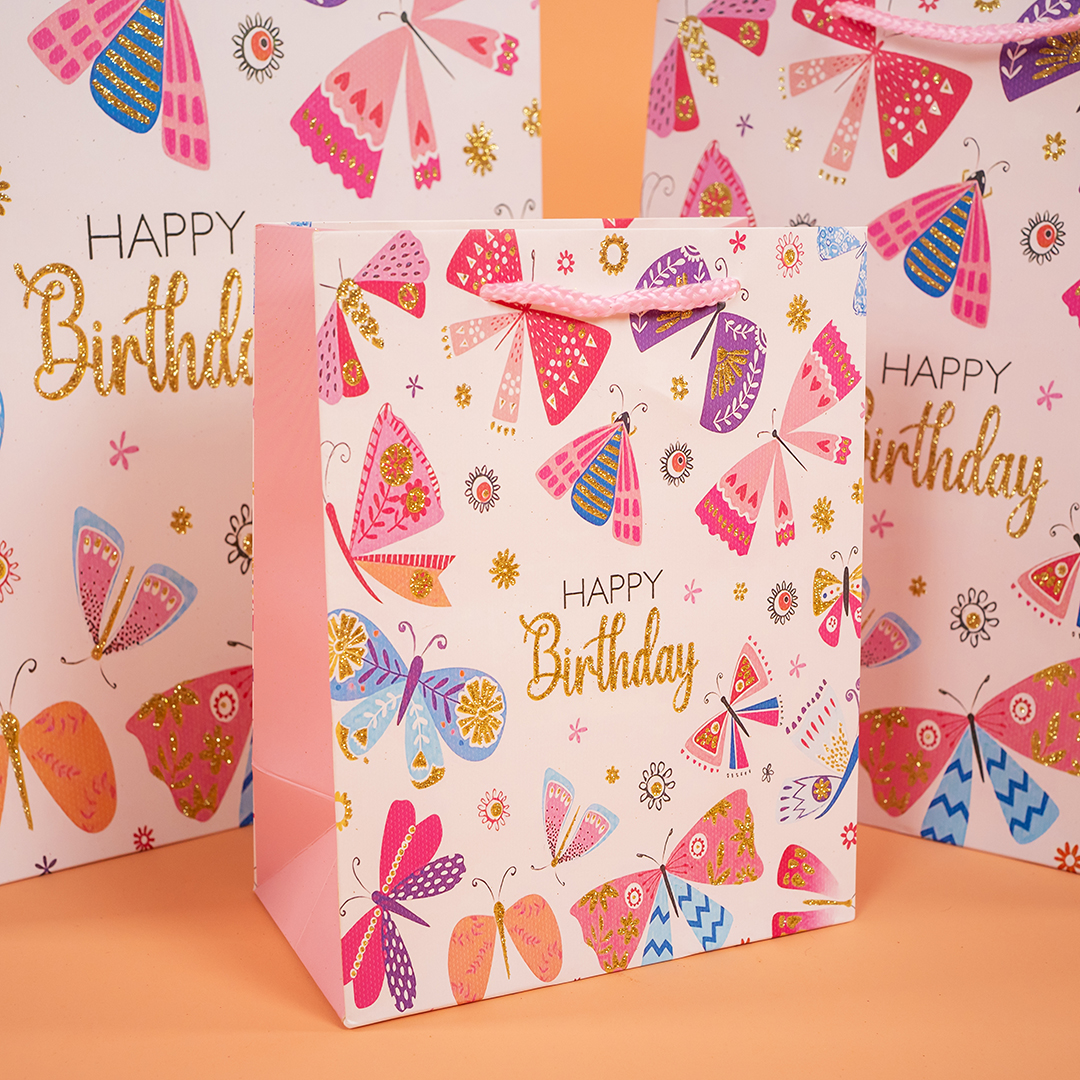 Пакет подарочный, Happy Birthday, Лето, Дизайн №4, с блестками, 23*18*10 см, 1 шт.