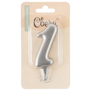 Свеча Цифра, 1 Овал, Серебро, Металлик, 7 см, 1 шт.