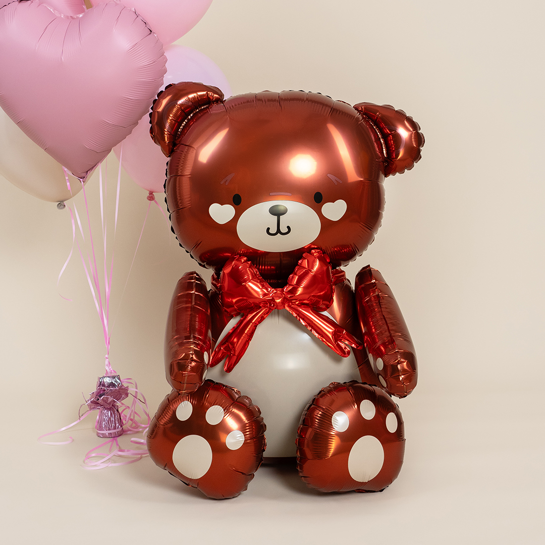 Шар 3D (28''/71 см) Фигура, Сидячий мишка с бантиком, Коричневый, Сатин, 1 шт. в уп.