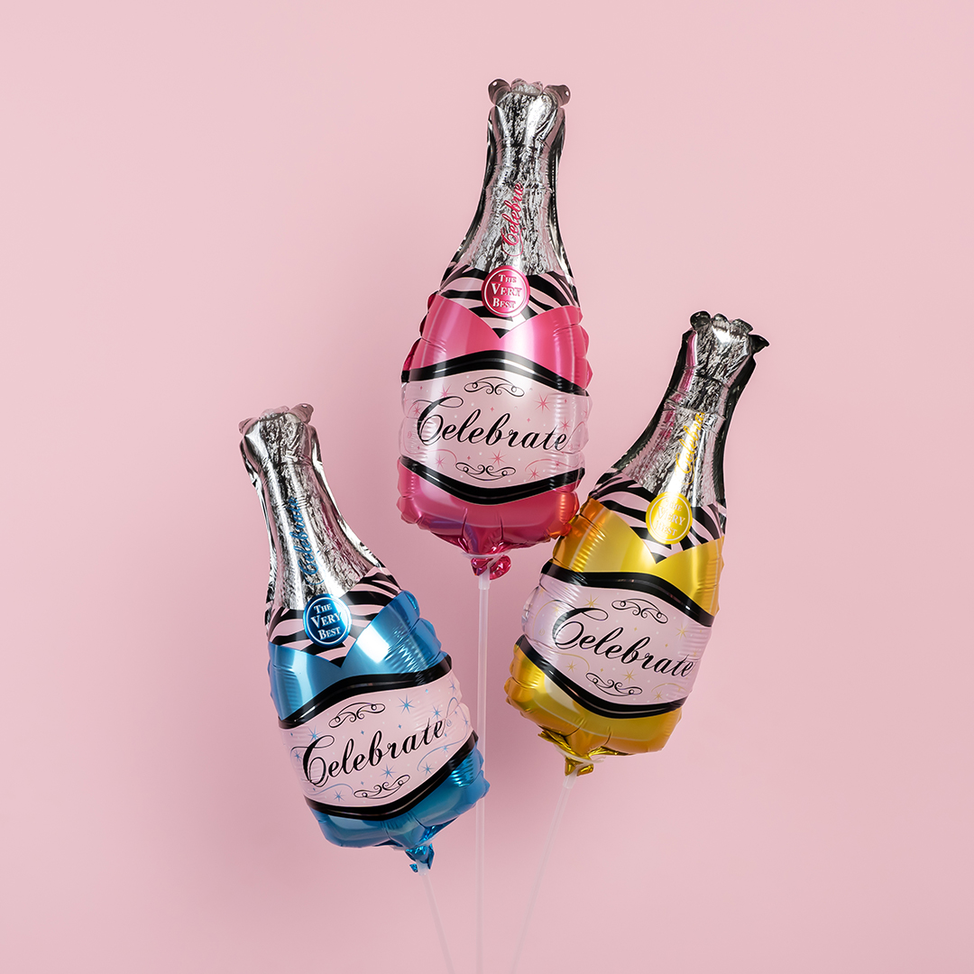 Шар с клапаном (14''/36 см) Мини-фигура, Бутылка Шампанское, Розовый, 1 шт.