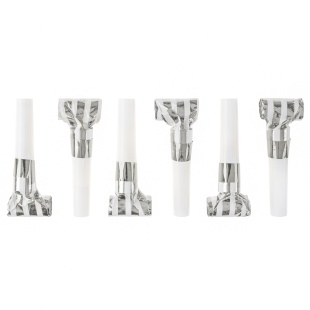 Карнавальные язычки гудки, Полосы, Белый/Серебро, Металлик, 6 см, 6 шт. в упак. 