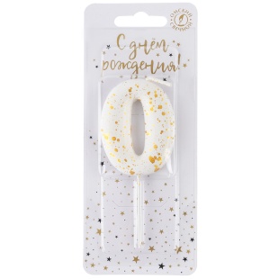 Свеча Цифра, 0 Золотые брызги, на шпажке, Белый, Металлик, 4,3 + 5,2 см, 1 шт. с держат.