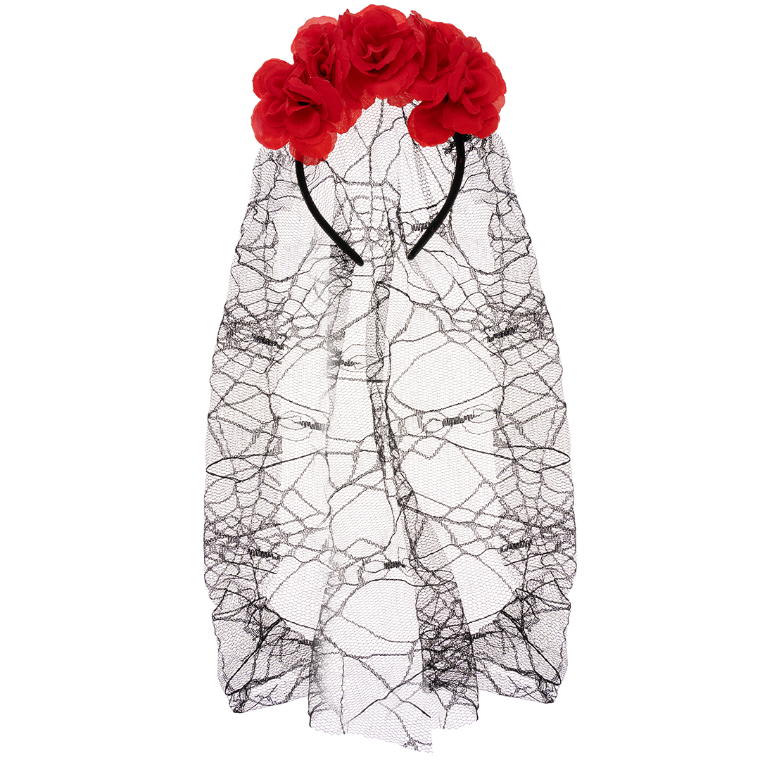 Ободок, Цветы на Хэллоуин (с фатой), Черный/Красный, 1 шт. 