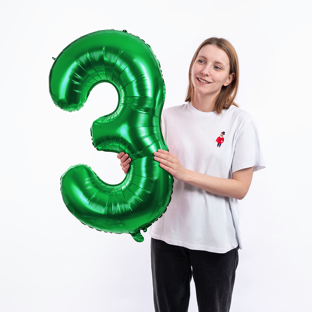 Шар (40''/102 см) Цифра, 3, Зеленый, Металлик, 1 шт. в уп.