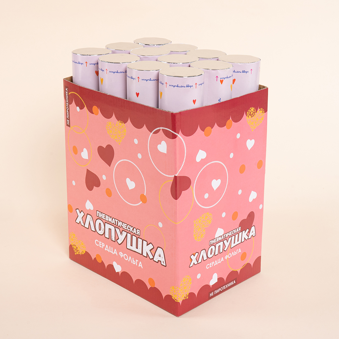 Пневмохлопушка (12/30 см), Люблю, Звезды фольга, Красный, 1 шт.