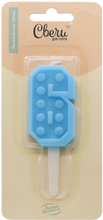 Свеча Цифра, 6 Конструктор, Голубой, 3,3*6,5 + 3 см, 1 шт. с держат.