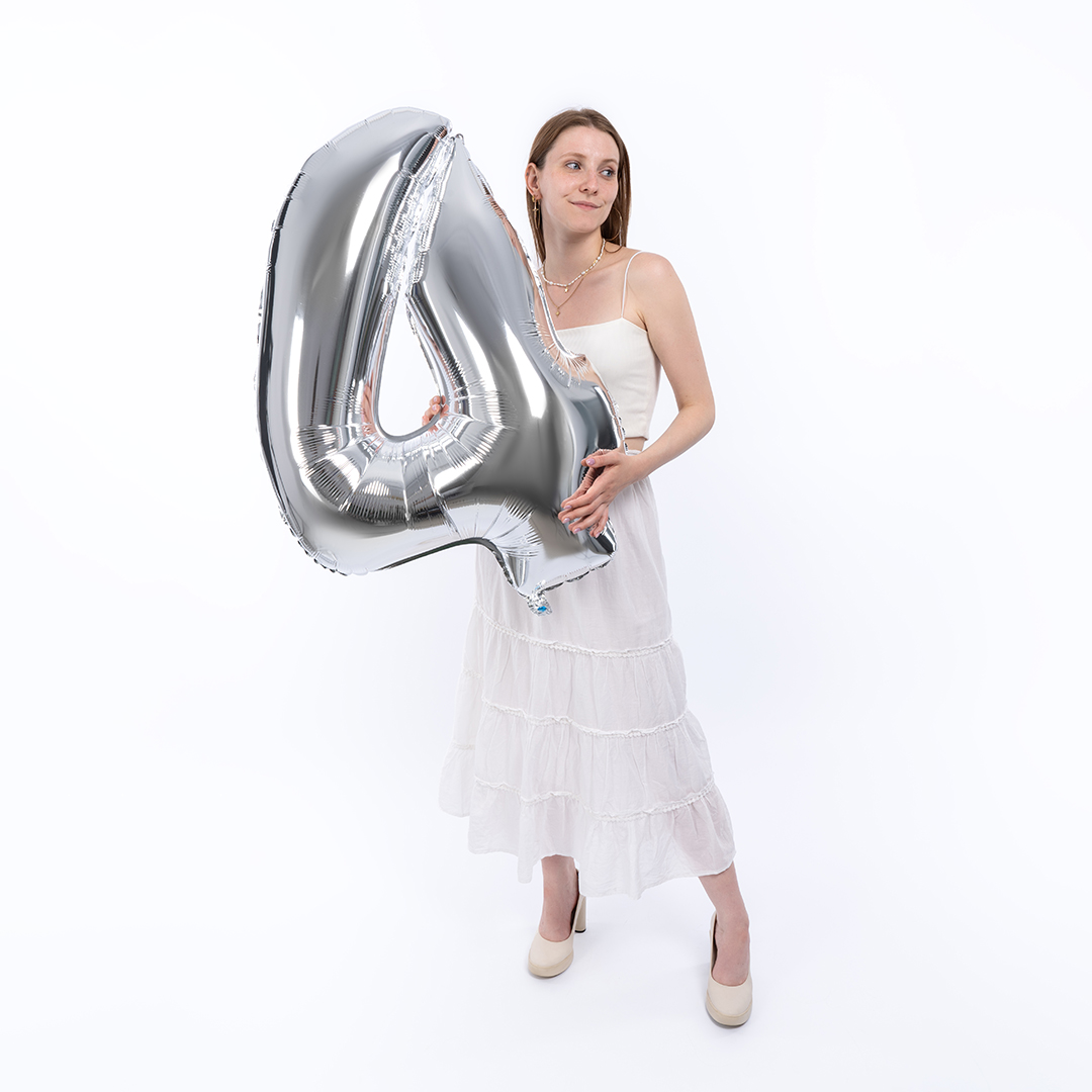 Шар (40''/102 см) Цифра, 4, Серебро, 1 шт.