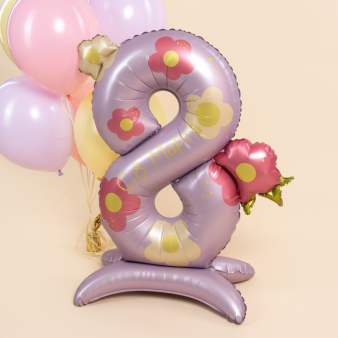 Шар (40''/102 см) Цифра на подставке, 8 Марта, Нежные цветы, 1 шт. в уп.