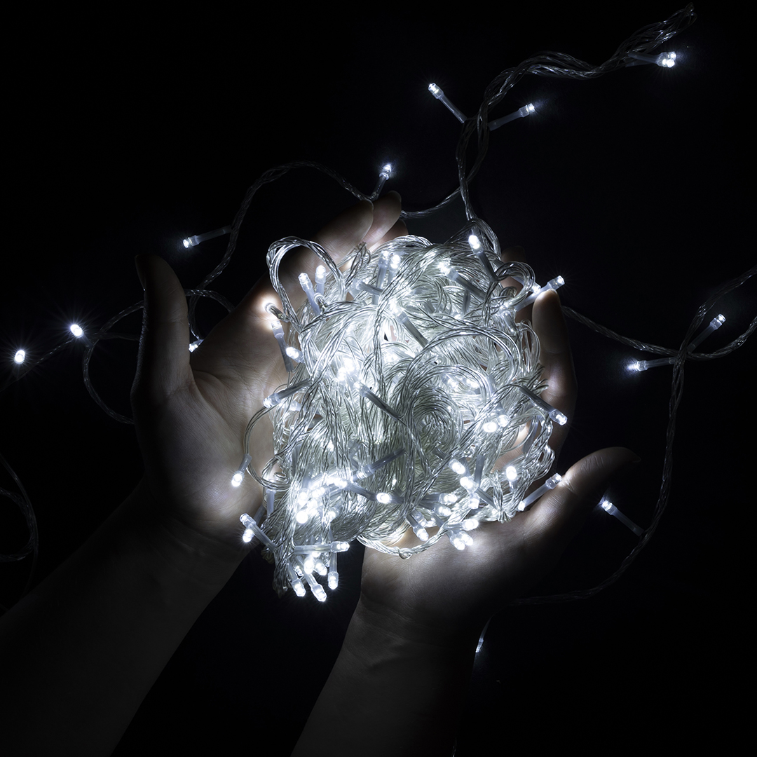Светодиодная гирлянда, Нить 100 Led, 8 режимов, IP14, 10 м. Белый, 1 шт.
