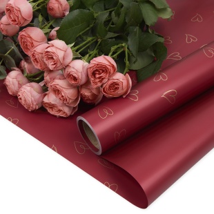 Упаковочная пленка 65мкр (0,58*10 м) Сердечки, Красный/Золото, Матовый, 1 шт.