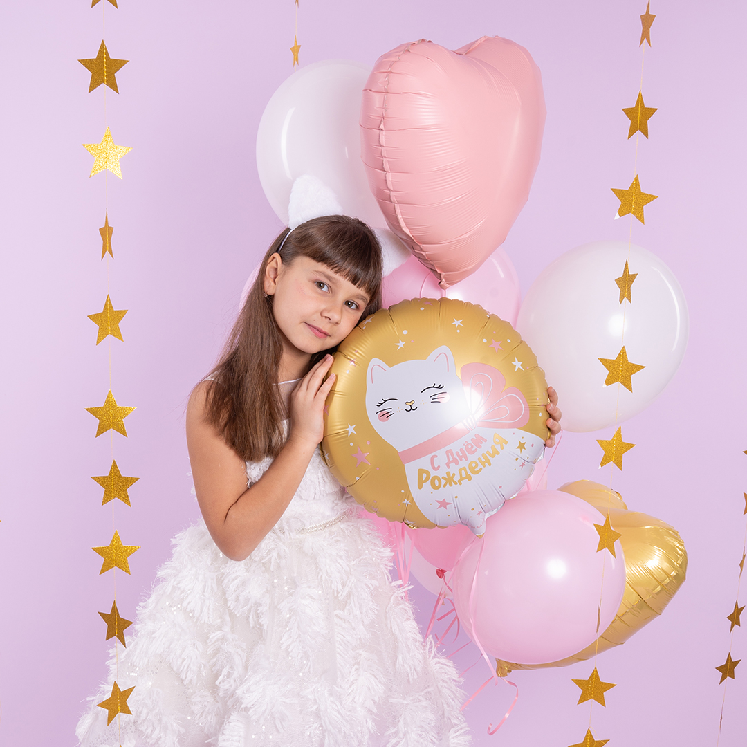 Шар (18''/46 см) Круг, Кошечка с бантом, 1 шт. в уп.