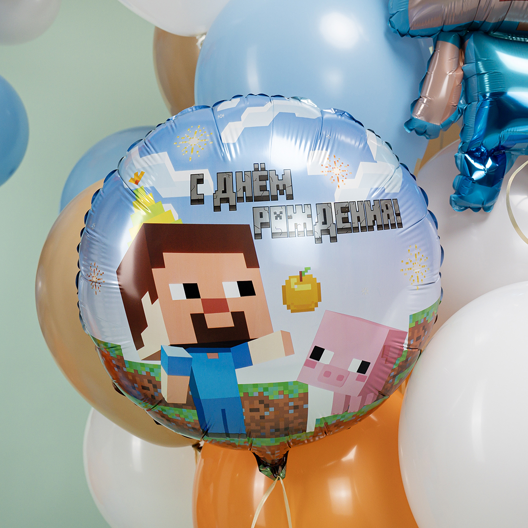 Шар (18''/46 см) Круг, Пиксели, С Днем Рождения!, 1 шт. в уп.