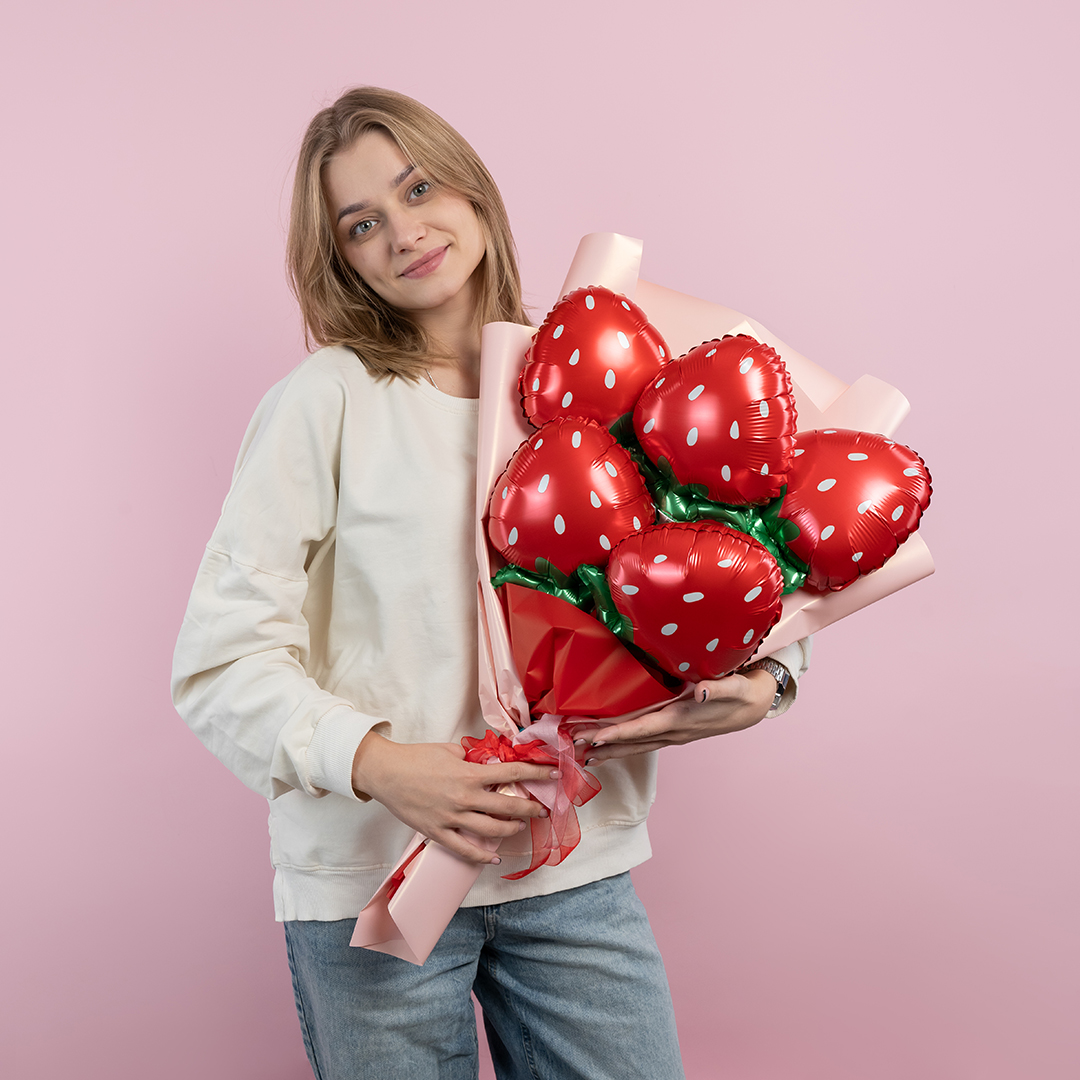 Шар с клапаном (12''/30 см) Мини-фигура, Клубника, Красный, 5 шт. в уп. (цв.этик.)