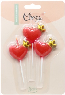 Свечи Сердце, Золотая корона, на шпажке, Красный, Металлик, 8,5 см, 3 шт. с держат.