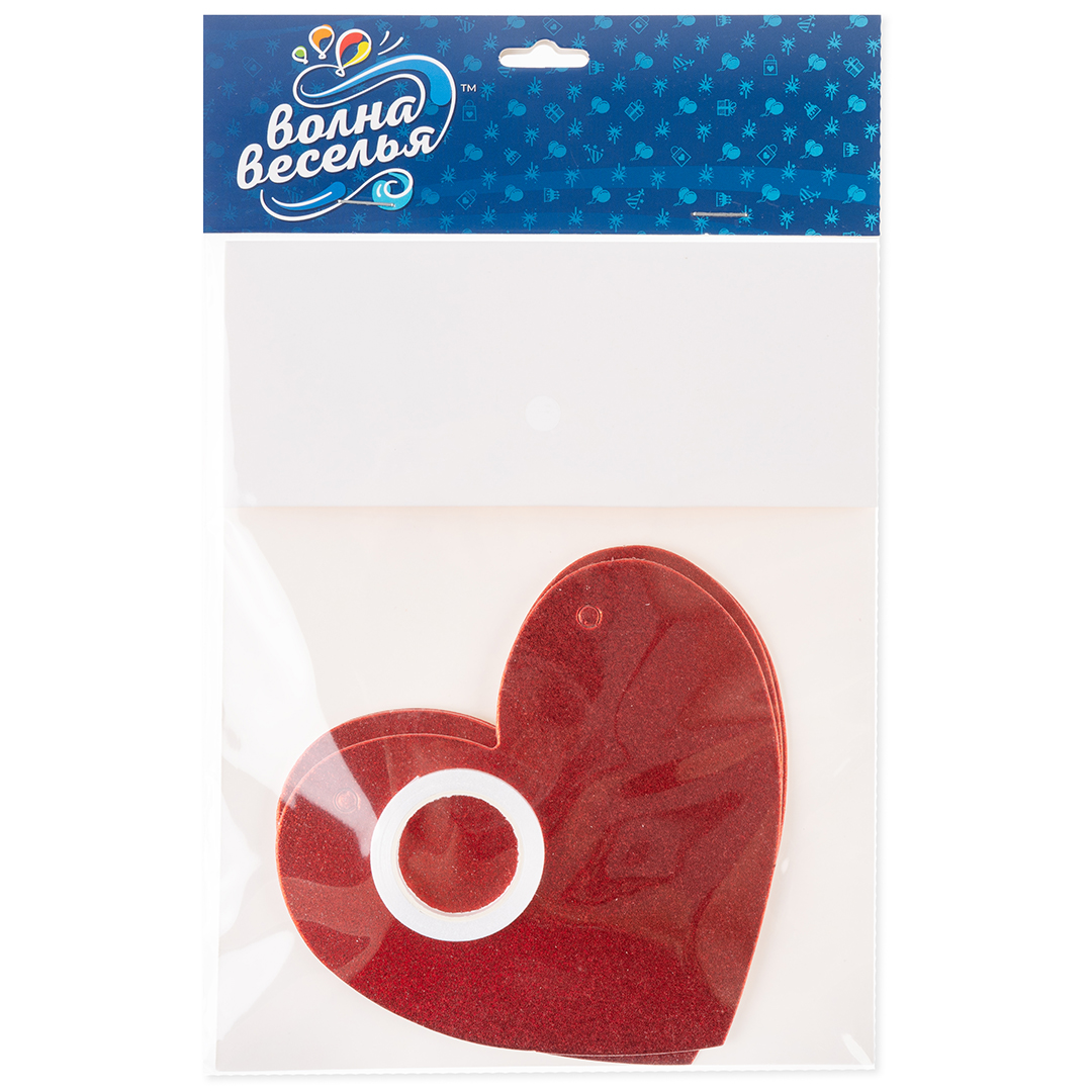 Гирлянда-подвеска Сердце, Красный, с блестками, 300 см, 12*11,3 см*8 шт, 1 упак.