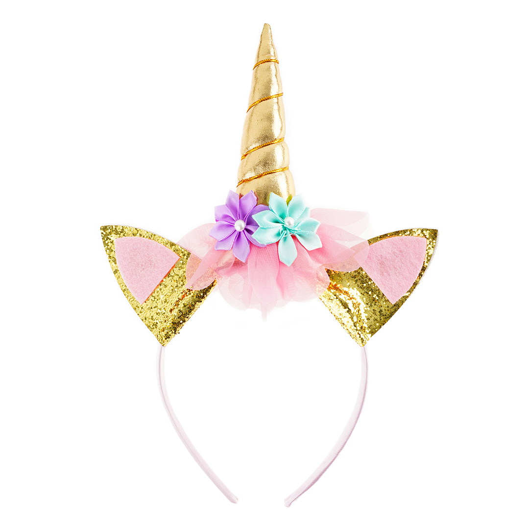 Ободок, Цветочный единорог, Золото/Розовый, с блестками, 1 шт. 